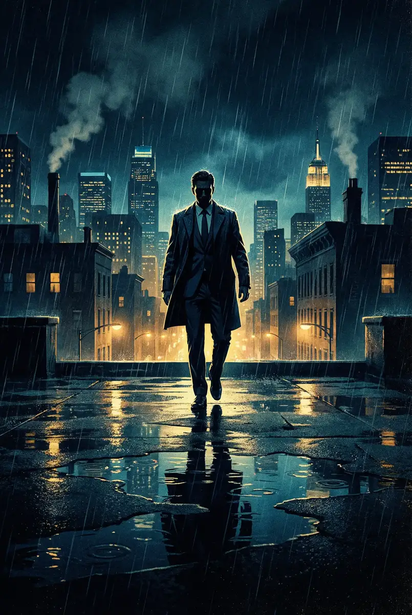 十二寡妇肉床艳史 出品影片《雨夜独行者》海报，雨中城市屋顶男性剪影
